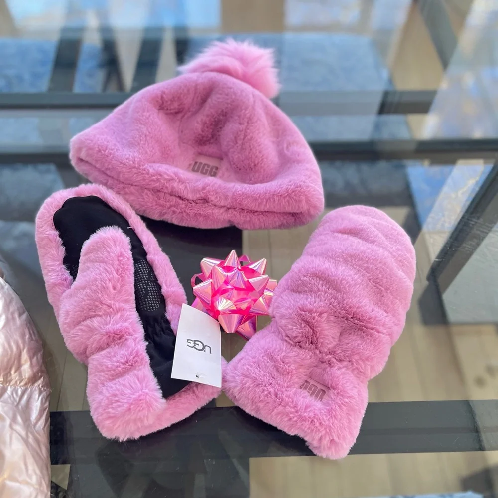 UGG Pink Fuzzy Hat with Pom Pom Matching mittens